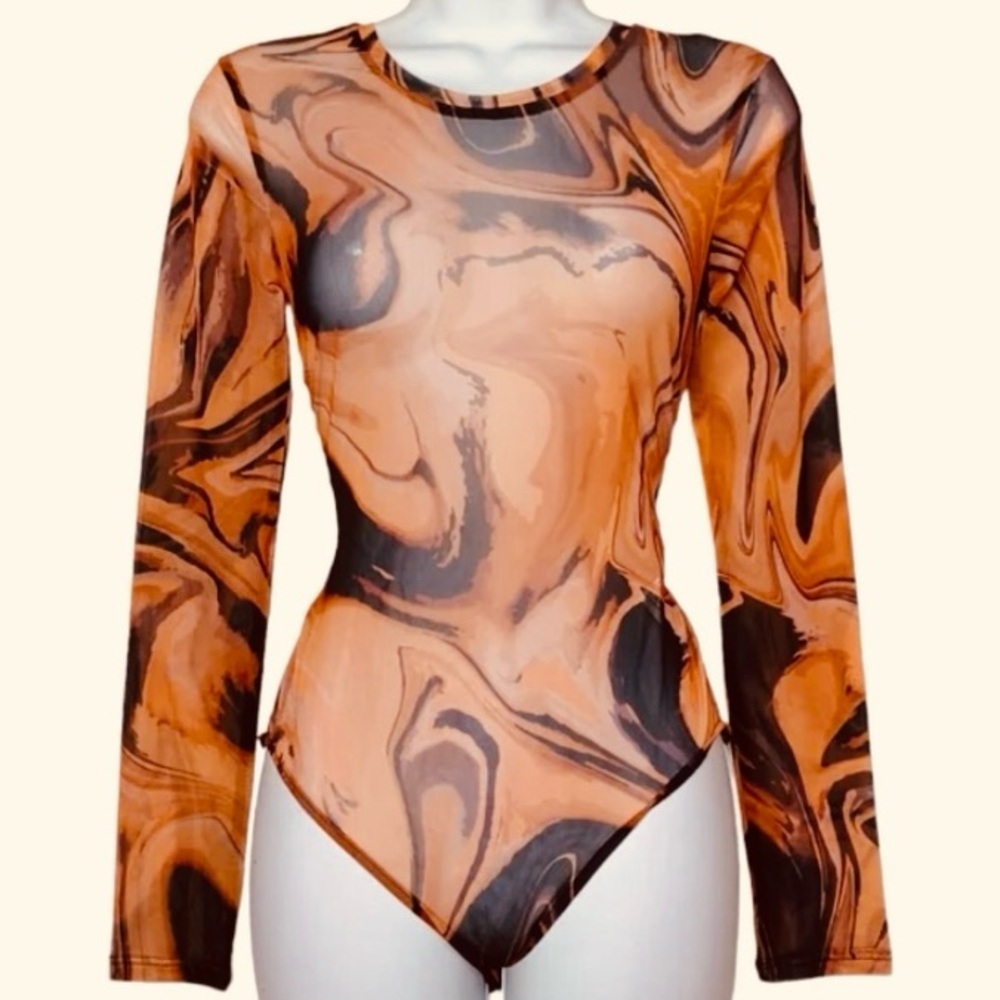 Zara NWT Sheer Mesh Marble Print Bodysuit Sz Small Long Sleeve  Brown